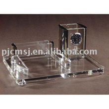 decoração de mesa de cristal com relógio / caneta titular / titular do cartão